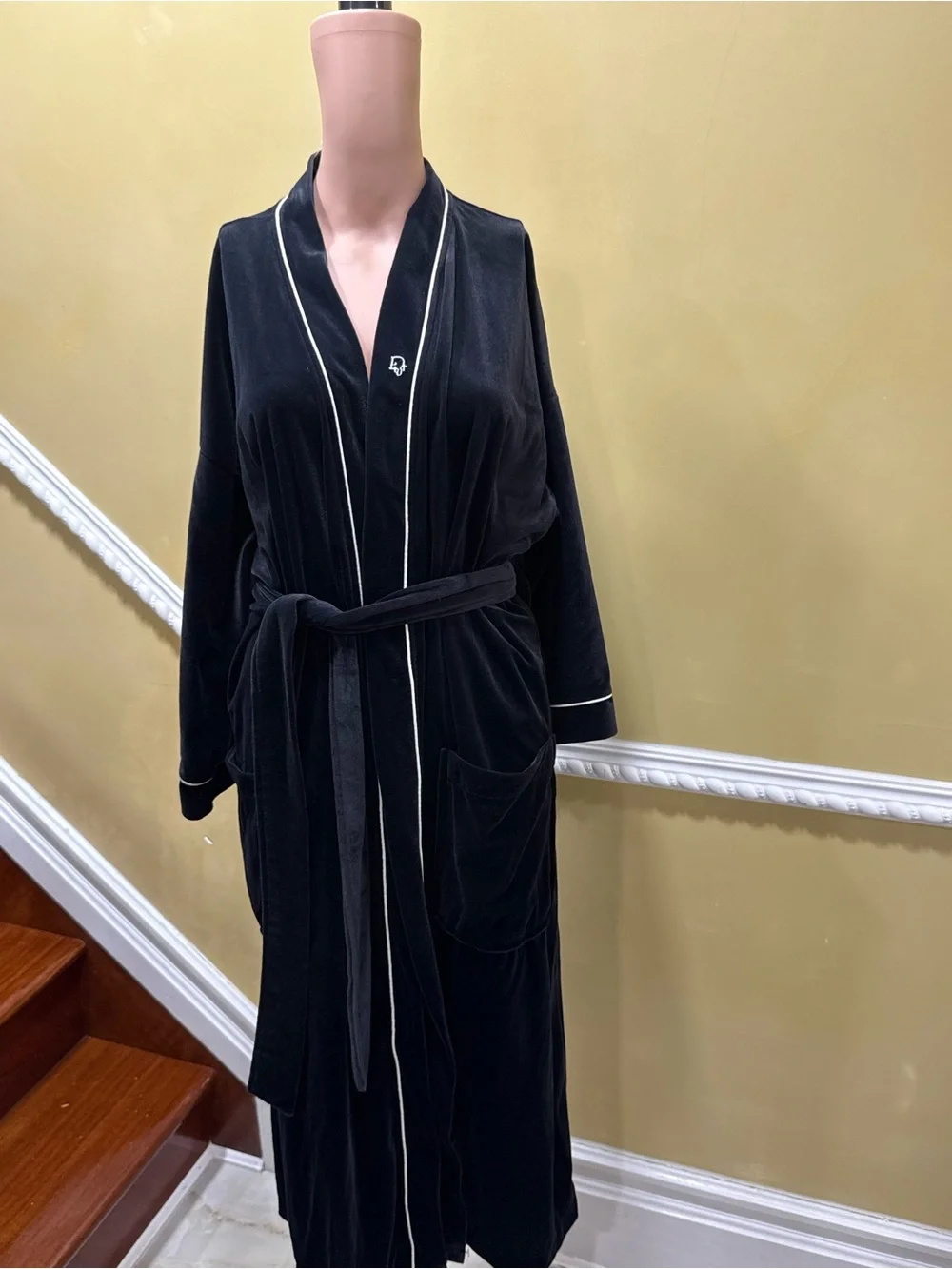 Dior Black Velvet Robe with White Piping